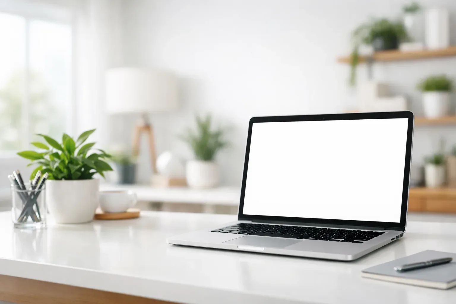 Bright modern desk scene with laptop, plants and office interior